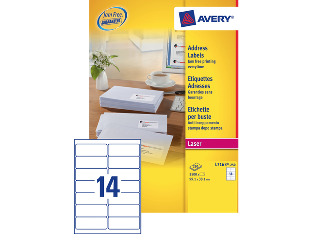 L7163-250 - Avery Adres Etiket Papier L7163 99.1x38.1mm 3.500st Wit 1 Pak