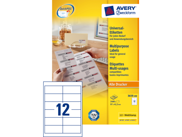 3659-200 - Avery Universal Etiket Zweckform no:3659-200 97x42.3mm 2.400st Wit