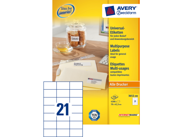 3652-200 - Avery Universal Etiket Zweckform no:3652-200 70x42.3mm 4.200st Wit