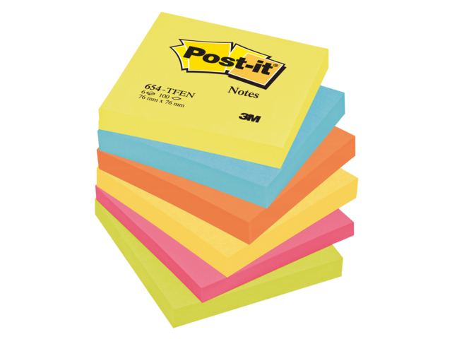 654TFEN - 3M Post-It Memoblok Energetic 76x76mm Diverse Neon Kleuren 6st