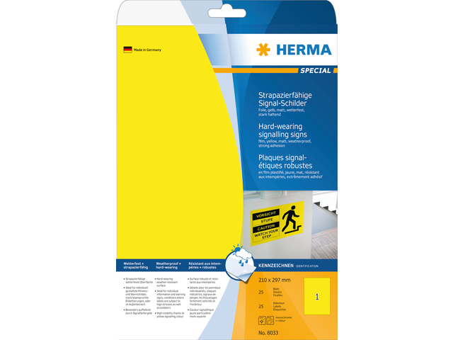 8033 - HERMA Speciaal Etiket Signalering no:8033 210x297mm 25st Geel 1 Pak