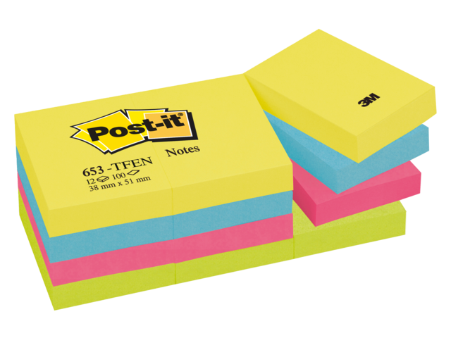 653-TFEN - 3M Post-It Memoblok 38x51mm Diverse Kleuren 12st